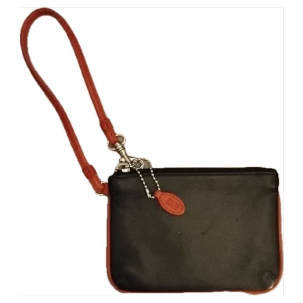 AMI Designer Black Leather Wristlet w/ Red Piping, Zip Strap & Ami Logo Hang Tag